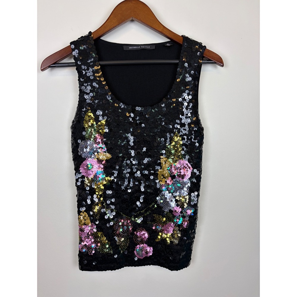 Michelle Nicole Sequin Floral Tank Top Medium Black Y2K Glam Ribbed Dark Fairy